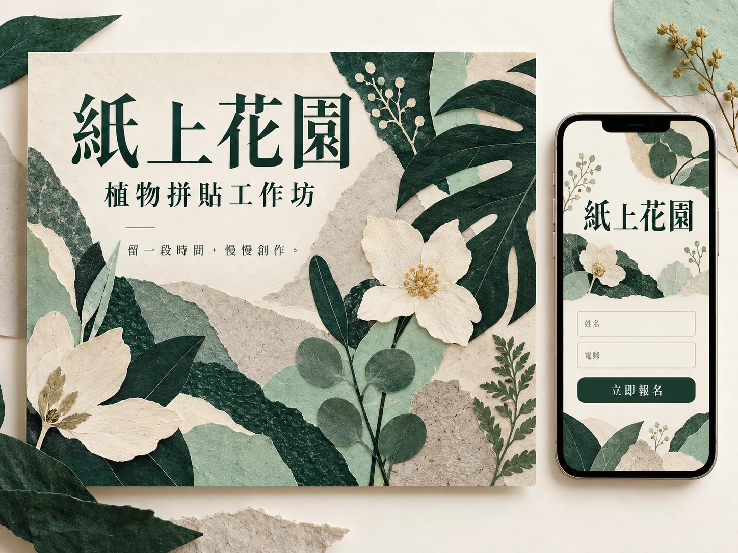 紙上花園以植物紙藝拼貼海報配合手機報名頁